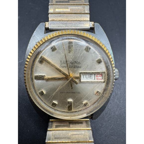 Vintage Lucerne Super De Luxe Antimagnetic Day Date Watch Two Tone Stretch Band - Picture 1 of 10